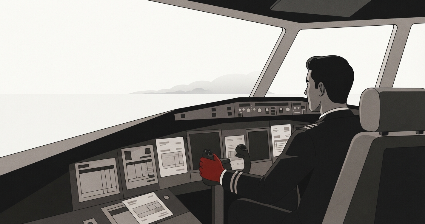Pilote vu de dos dans un cockpit dont le tableau de bord est fait de registres comptables, la main posée sur le manche