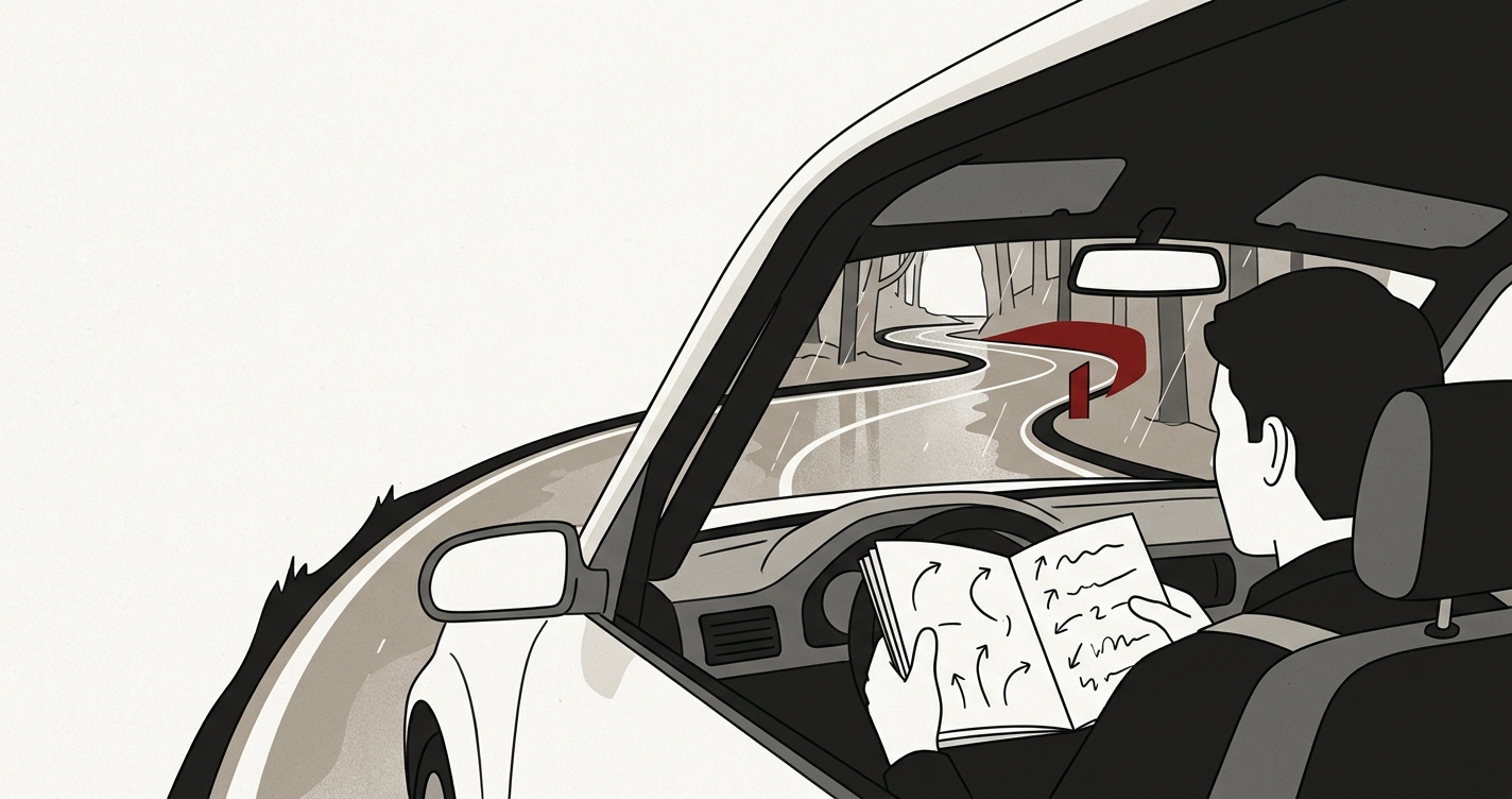 Copilote de rallye de trois quarts dos lisant ses notes de virages face à une route sinueuse et mouillée