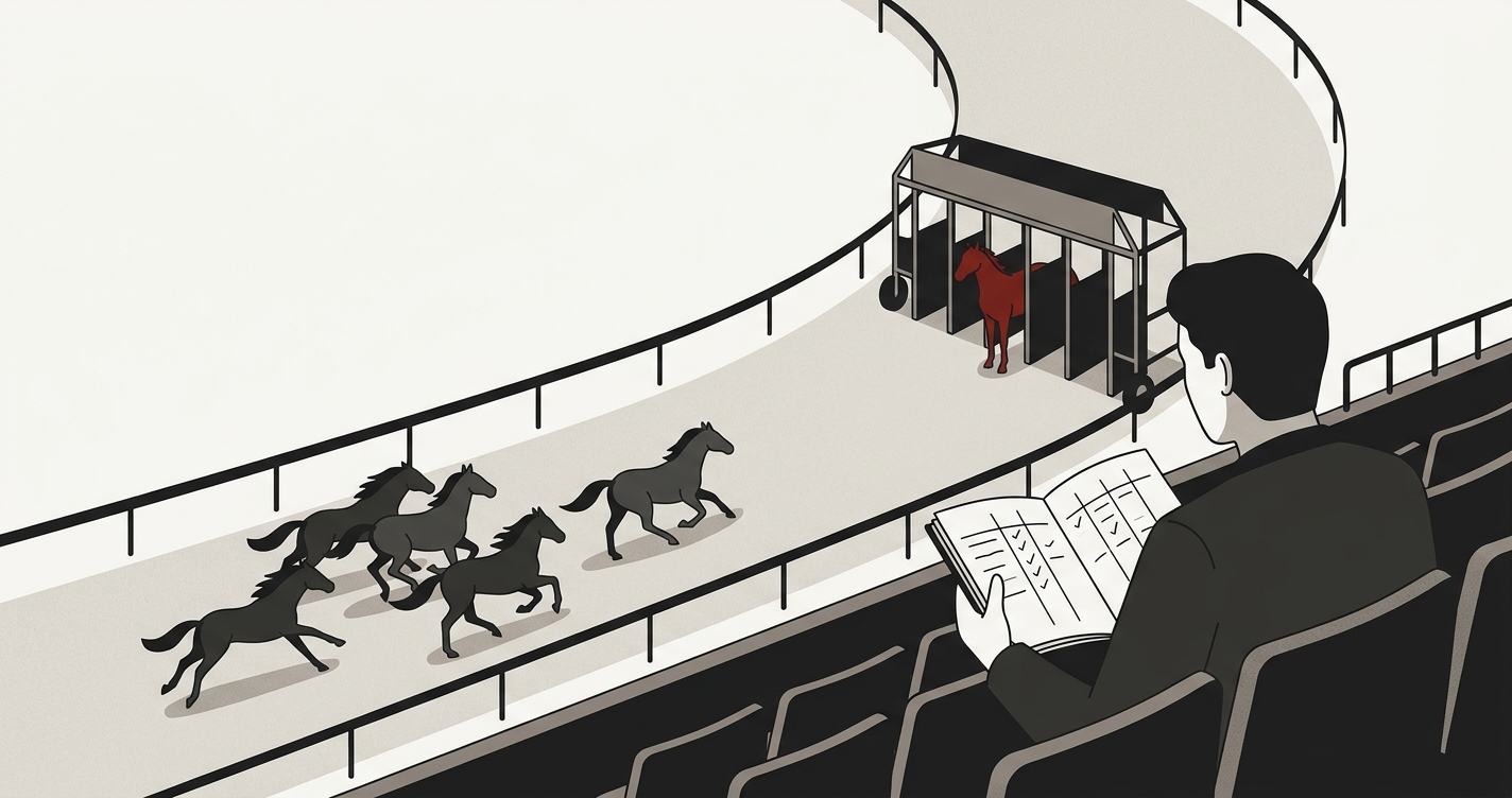 Personne de dos dans les tribunes d'un hippodrome, carnet ouvert, chevaux en course et un cheval encore dans les stalles